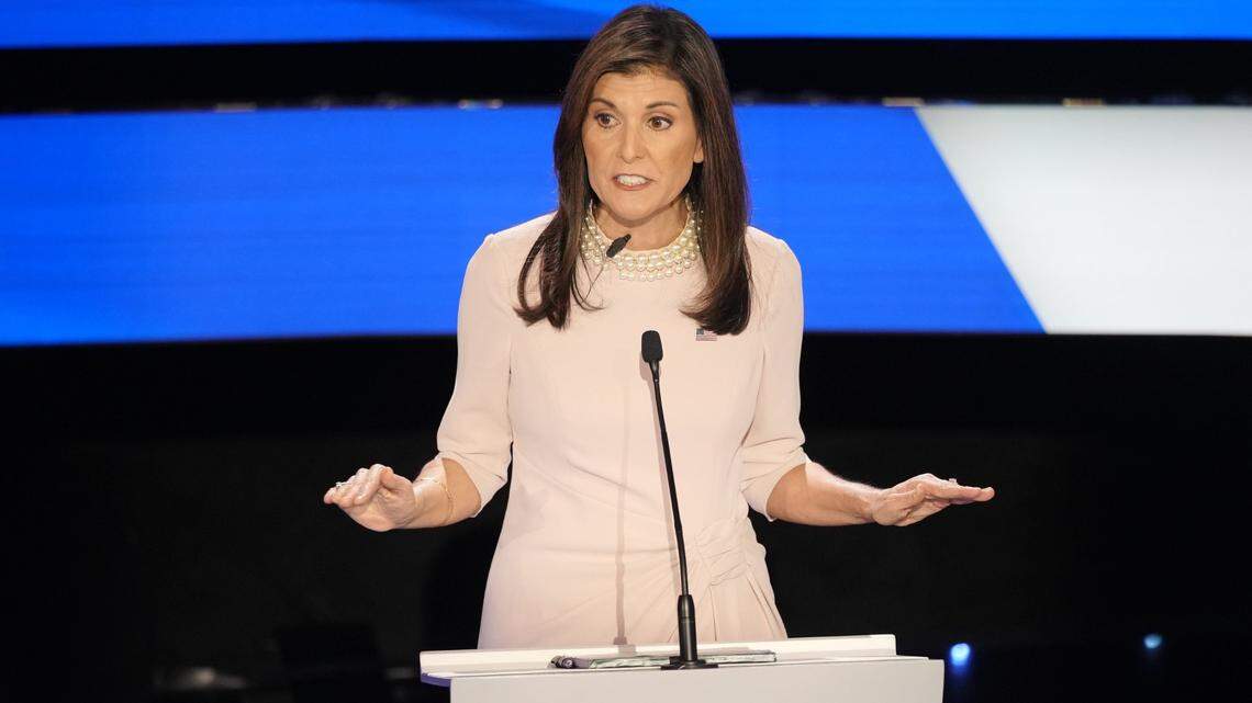 Former South Carolina Gov. Nikki Haley speaks as she and Florida Gov. Ron DeSantis take part in a Republican Presidential Primary Debate at Drake University in Des Moines, Iowa hosted by CNN on Jan. 10, 2024.