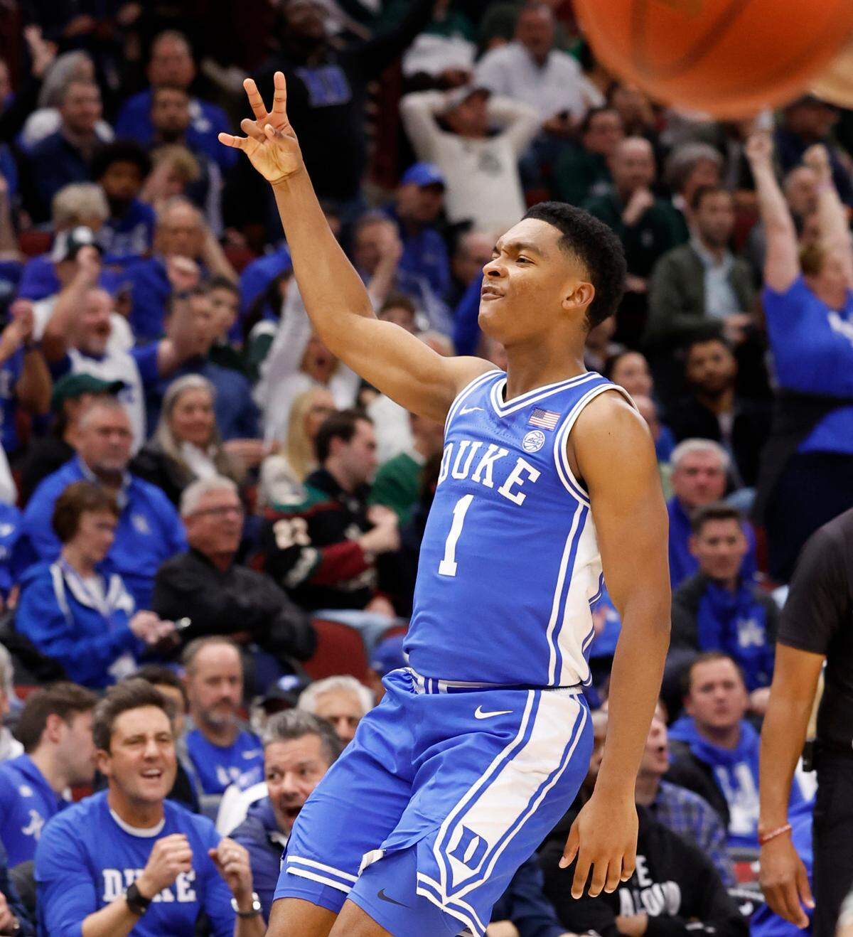 Duke’s Caleb Foster (1) celebrates making a three-pointer during the second half of Duke’s 74-65 victory over Michigan State in the Champions Classic at the United Center in Chicago, IL, Tuesday, Nov. 14, 2023.