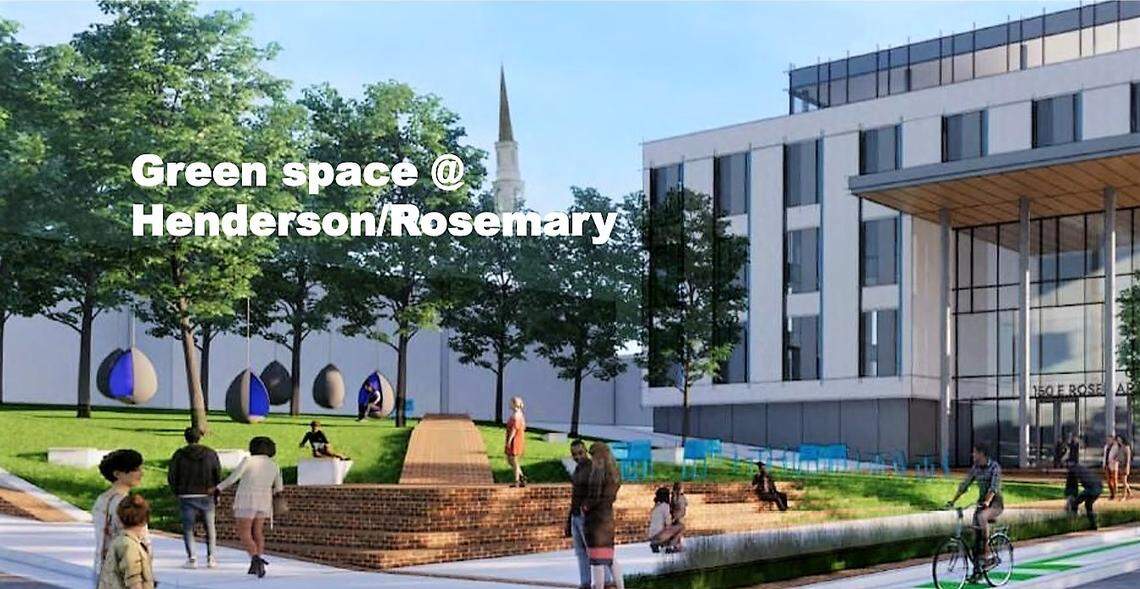 A green space at the corner of East Rosemary and Henderson streets would be built as part of a new office and wet lab building that Grubb Properties is planning for the current Wallace Parking Deck site.