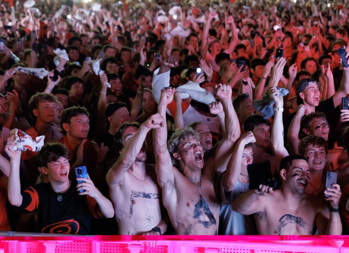 Carolina Hurricanes fans celebrate the team’s Stanley Cup victory over the Vegas Golden Knights during a watch party outside the Lenovo Center on Sunday, June 14, 2026, in Raleigh, N.C.