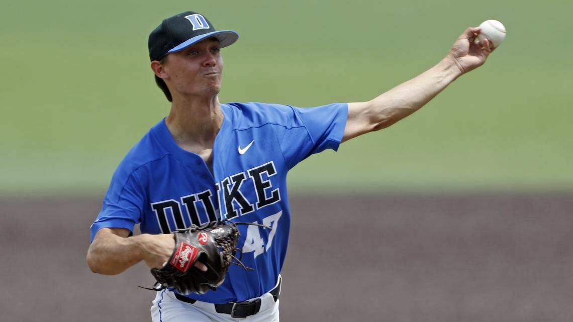 Duke's Mitch Stallings (47) pitches during an NCAA college baseball tournament super regional game against Texas Tech, Saturday, June 9, 2018, in Lubbock, Texas. (Brad Tollefson/Lubbock Avalanche-Journal via AP)