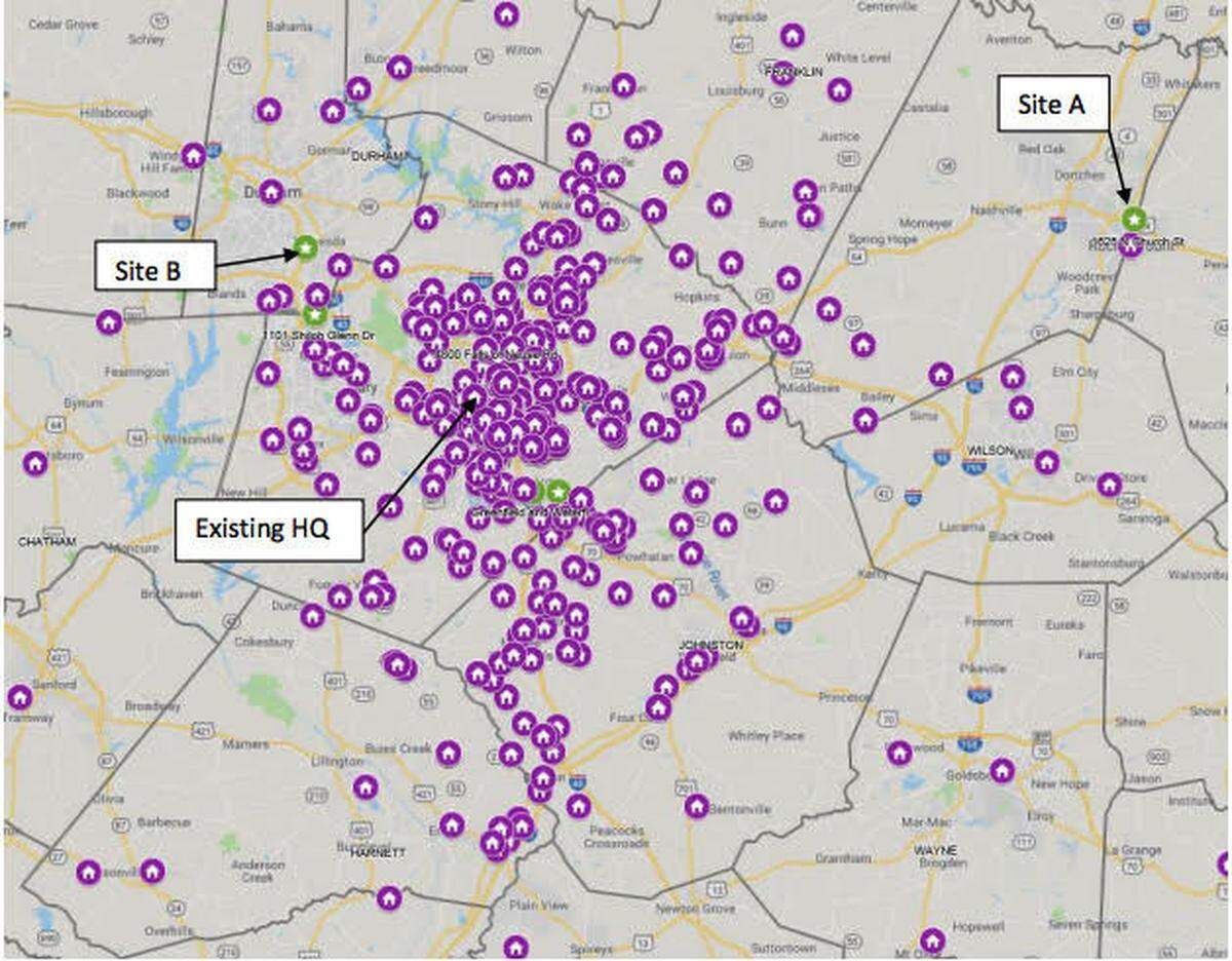 The N.C. Division of Motor Vehicles mapped the homes of the more than 500 people who work at the DMV’s headquarters on New Bern Avenue in Raleigh and compared it with two sites it considered for a new headquarters. The Council of State will consider approving a lease for Site A, in Rocky Mount, which had the cheapest rent of the dozen proposals the DMV received but would require a longer drive for most of the employees.