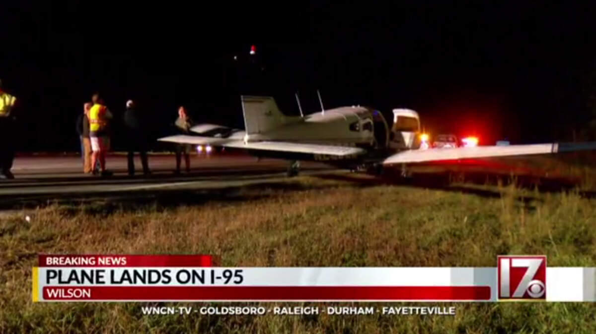 A screenshot of CBS17 coverage of an airplane that made an emergency landing on Interstate 95 near Wilson on Wednesday, Oct. 31, 2018.
