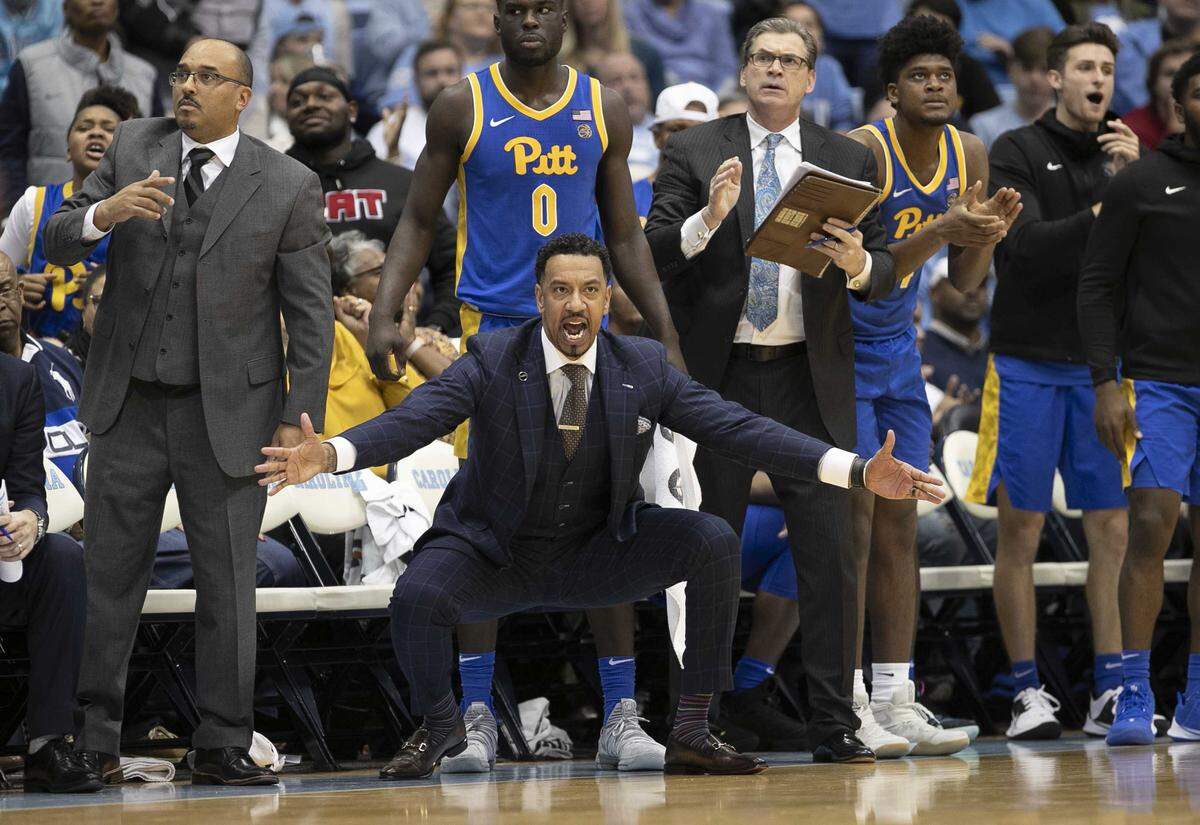 Pittsburgh assistant coach Jason Capel, a former Tar Heel player, reacts as the Panthers’ take a late second half lead over North Carolina on Wednesday, January 8, 2020 at the Smith Center in Chapel Hill, N.C. Pittsburgh held on to defeat North Carolina 73-65.