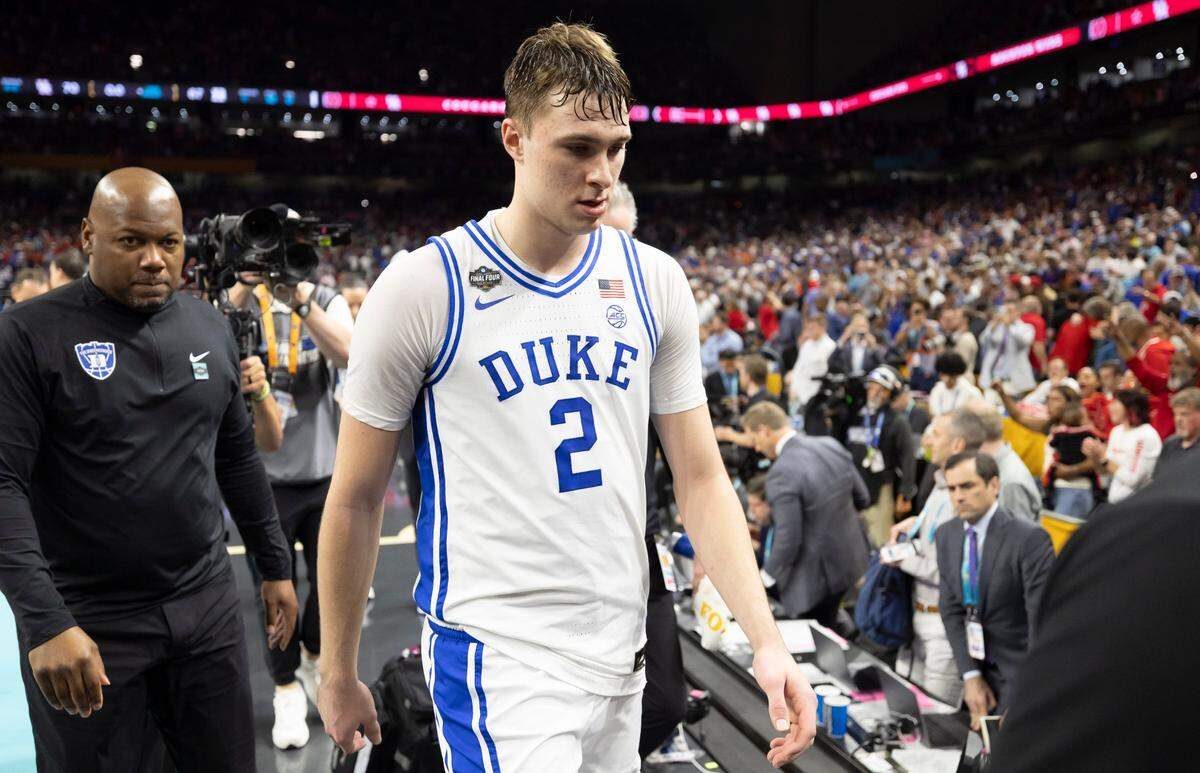 Duke forward Cooper Flagg (2) leaves the court following the Blue DevilsÕ 70-67 loss to Houston on Saturday, April 5, 2025 in the NCAA national semi final game at the Alamodome in San Antonio, TX.