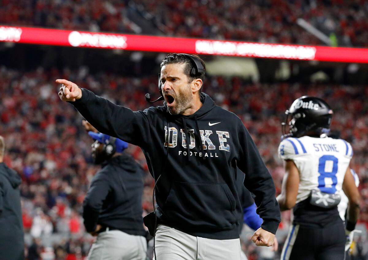 Duke head coach Manny Diaz reacts during the second half of the Blue Devils’ 29-19 win over N.C. State on Saturday, Nov. 9, 2024, at Carter-Finley Stadium in Raleigh, N.C.
