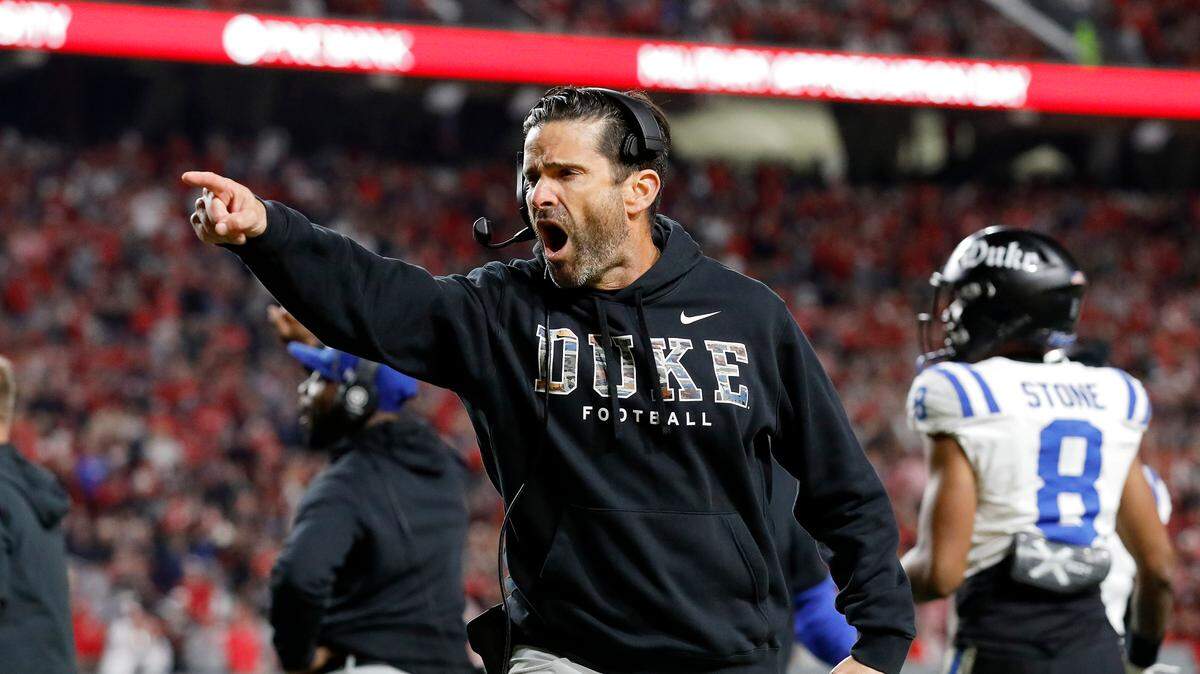 Duke head coach Manny Diaz reacts during the second half of the Blue Devils’ 29-19 win over N.C. State on Saturday, Nov. 9, 2024, at Carter-Finley Stadium in Raleigh, N.C.