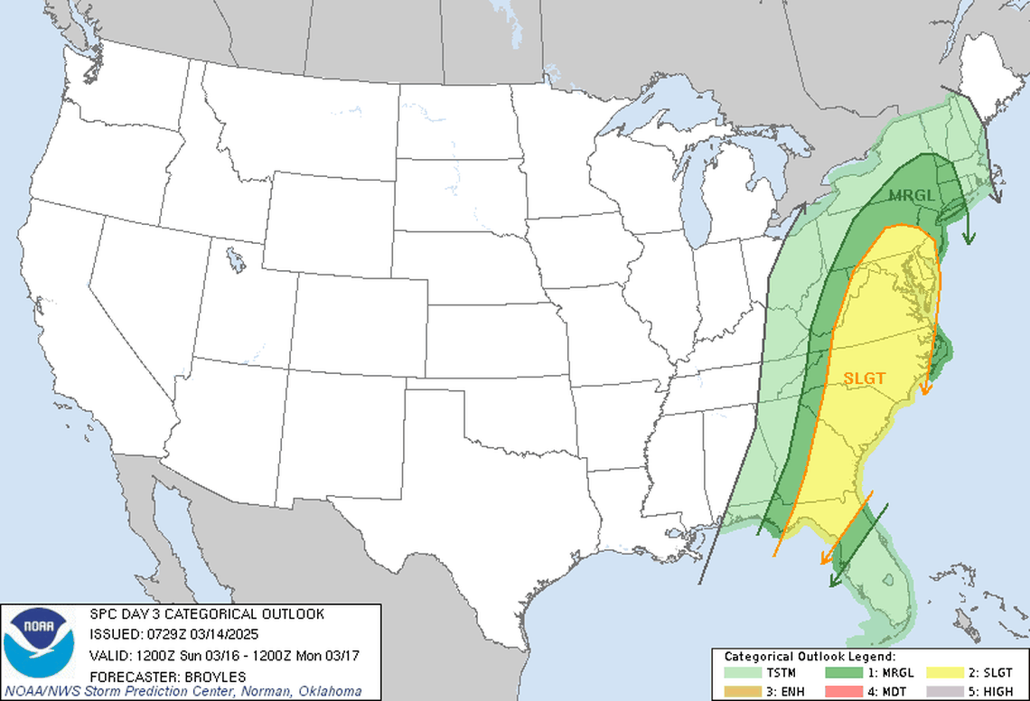 Much of Piedmont, central and Eastern North Carolina are at slight risk for severe storms on Sunday, March 16, 2025. Heavy rain, hail, strong winds and tornadoes are possible, forecasters say.