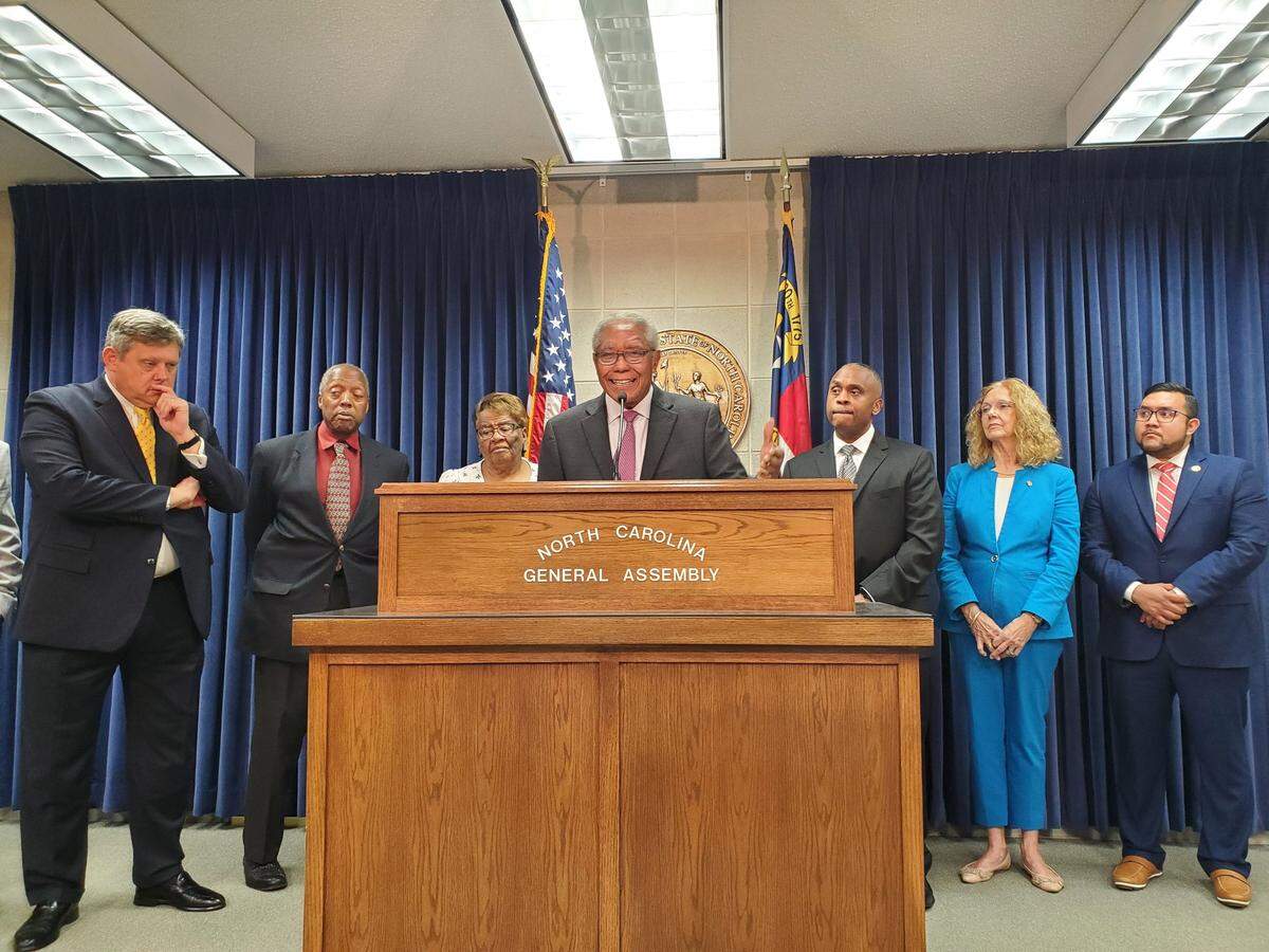 Senate Democratic Leader Dan Blue, of Wake County, and other General Assembly Democrats talked to reporters about teacher shortages and conditions during a news conference Thursday, Aug. 25, 2022 at the Legislative Building in downtown Raleigh, N.C.