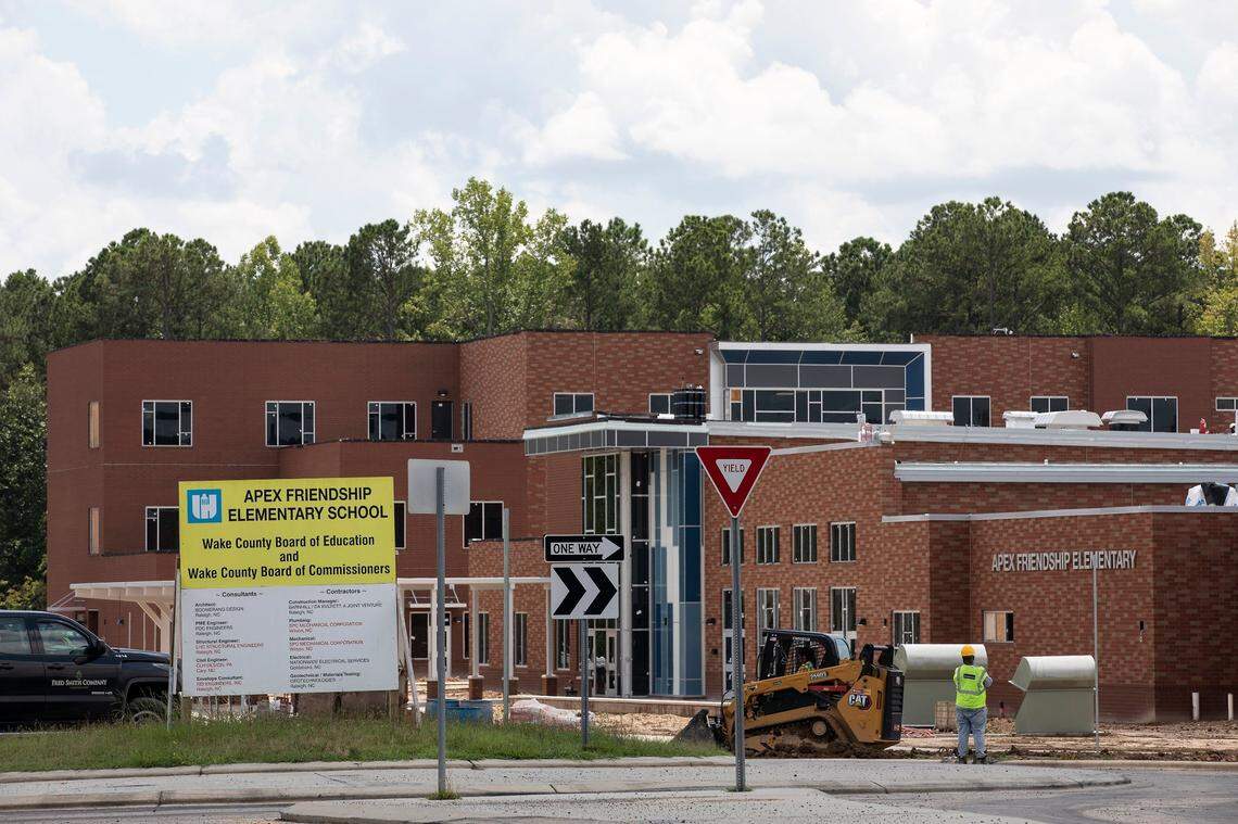A construction project sign sits in front of Apex Friendship Elementary School on Wednesday, July 27, 2022, in Apex, N.C.