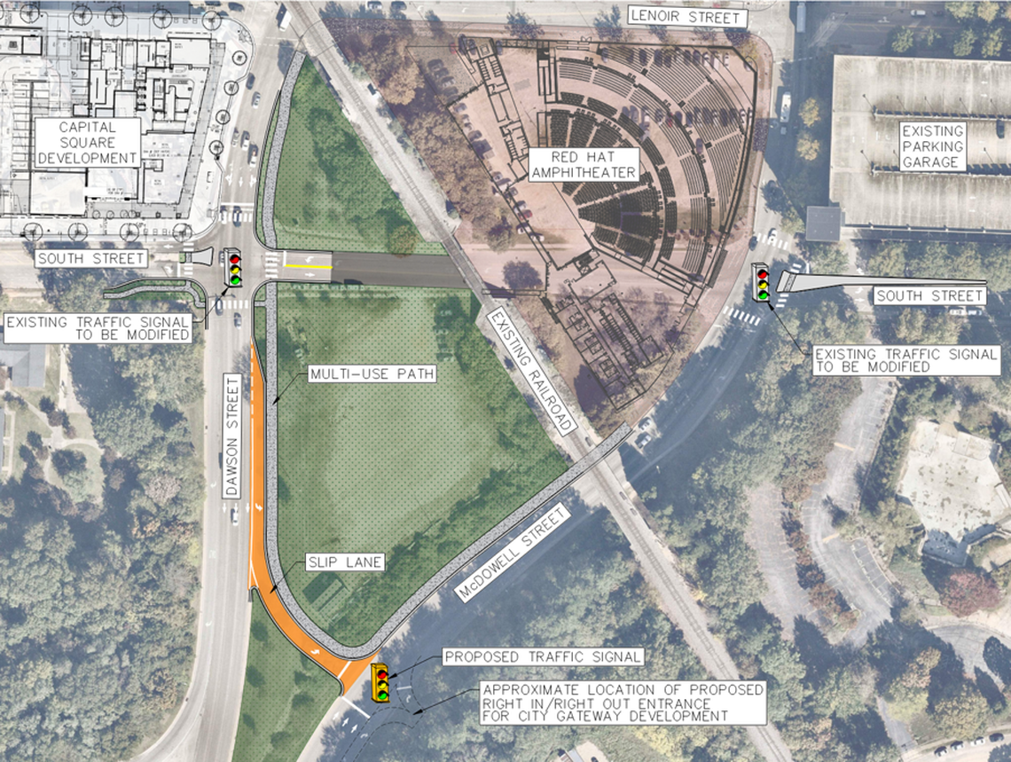 A diagram showing the relocated Red Hat Amphitheater and a proposed connector, lower left, to allow drivers to get from Dawson to McDowell streets around the section of South Street that the amphitheater would close.