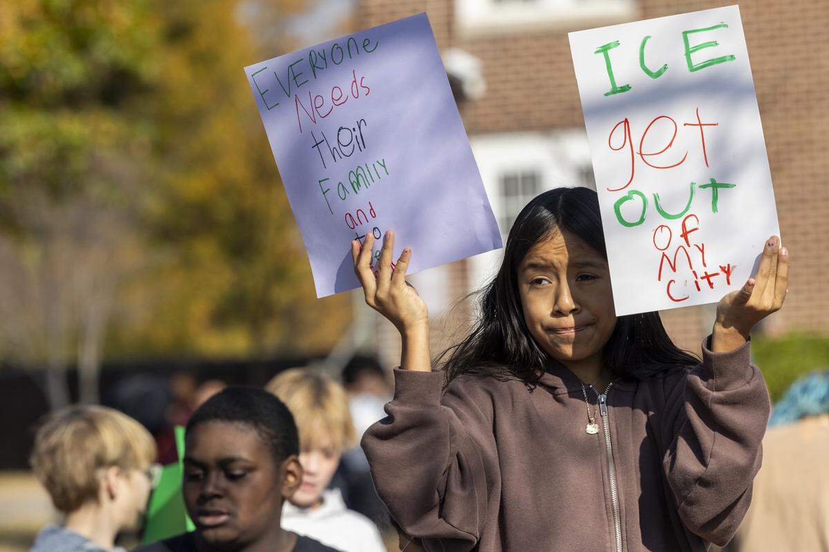 More than 200 Durham School of the Arts students stage a walkout Thursday, Nov. 20, 2025, to protest Border Patrol and ICE activity in Durham. The walkout lasted less than an hour.