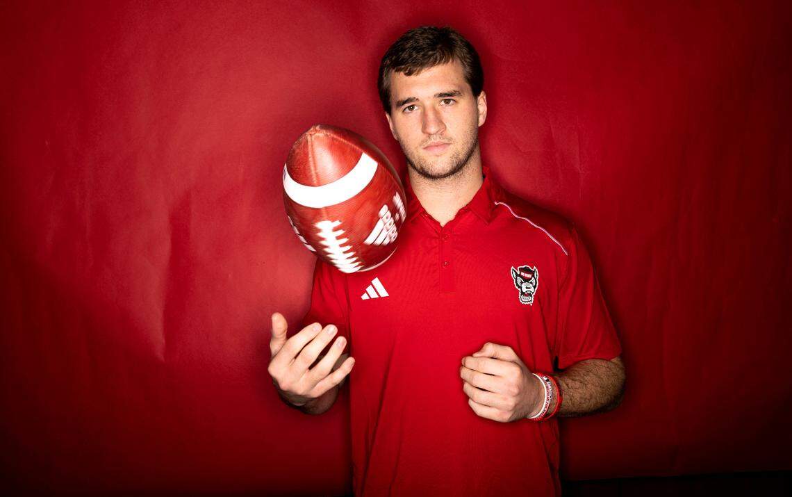 N.C. State quarterback Grayson McCall poses during a media availability in Raleigh, N.C., Wednesday, Jan. 24, 2024.