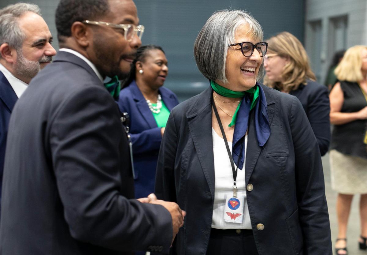 Wake County Public Schools Superintendent Catty Moore chats with the Leesville Road High School staff and students on June 13, 2023 before her retirement. Moore has been named interim superintendent of Durham Public Schools.