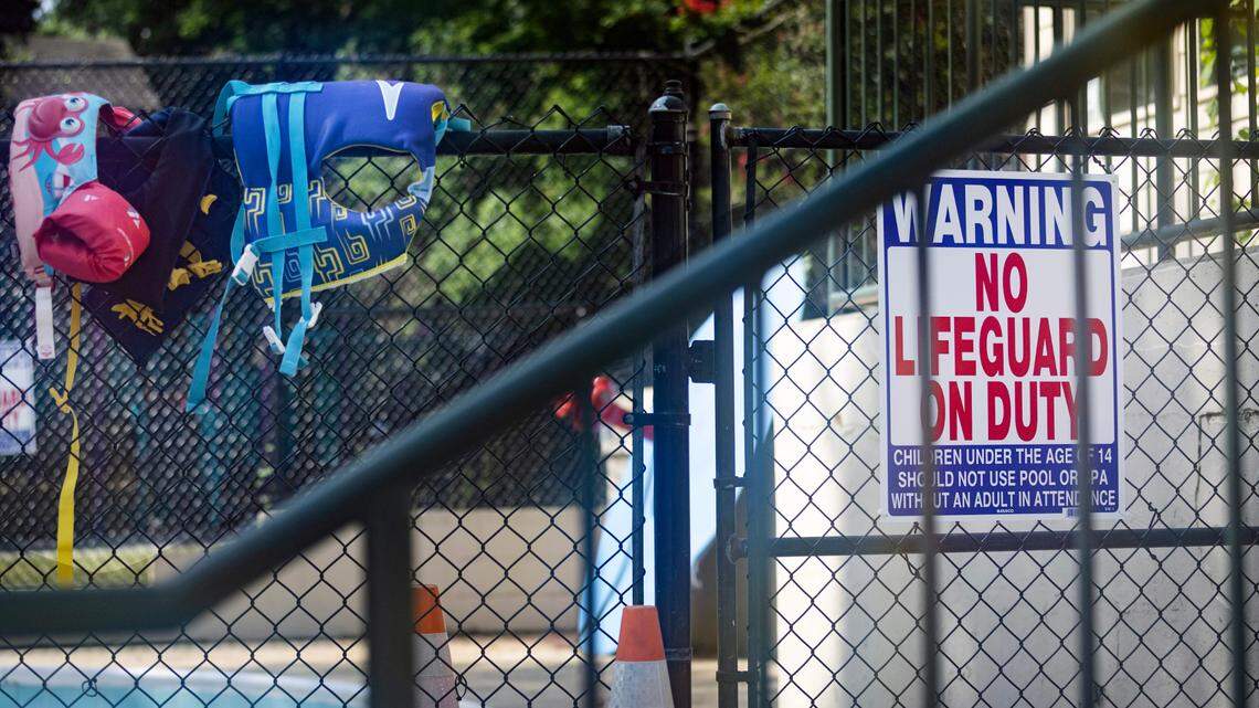 A no lifeguard on duty sign is posted by the baby pool at the Hargraves Community Park swimming pool in Chapel Hill on Tuesday.