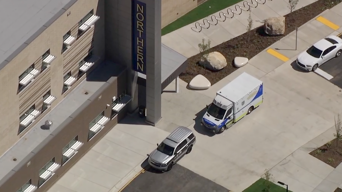 An ambulance sits outside Northern Durham High School on Sept. 11, 2023.