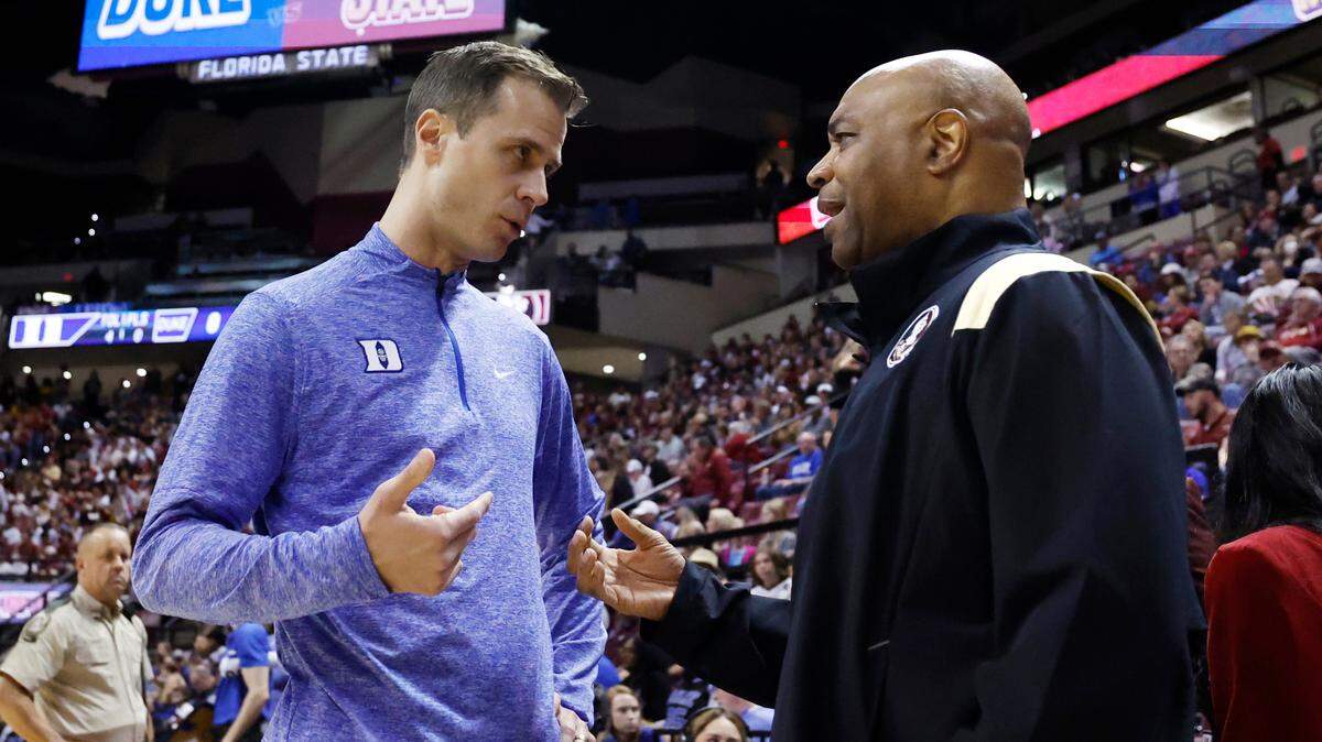 Florida State basketball coach Leonard Hamilton (right) talks with Duke coach Jon Scheyer before their teams played at Florida State University at the Tucker Center in Tallahassee, Fla. Sat. February 17, 2024.