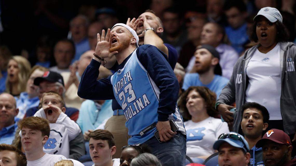 Fans cheer on UNC during the first half of North Carolina Tar Heels’ game against the Virginia Tech Hokies in the first round of the ACC Tournament at Greensboro Coliseum in Greensboro, N.C., Tuesday, March 10, 2020.