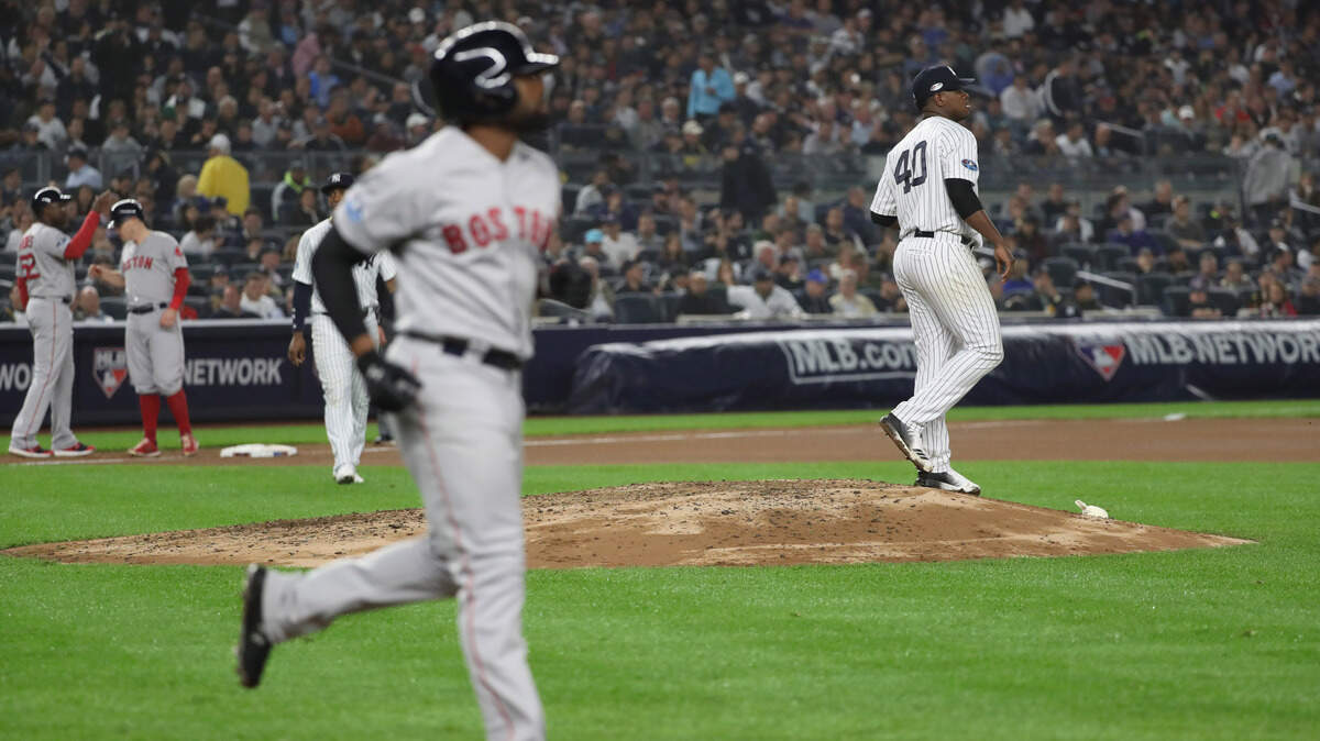 Luis Severino, the New York Yankees starter, on the mound with the bases loaded in the 4th inning of Game 3 of the American League Divisional Series, in New York, Oct. 8, 2018. The Yankees did little in the off-season to address their most pressing needs, and those shortcomings cost them against the Red Sox. (Chang W. Lee/The New York Times)