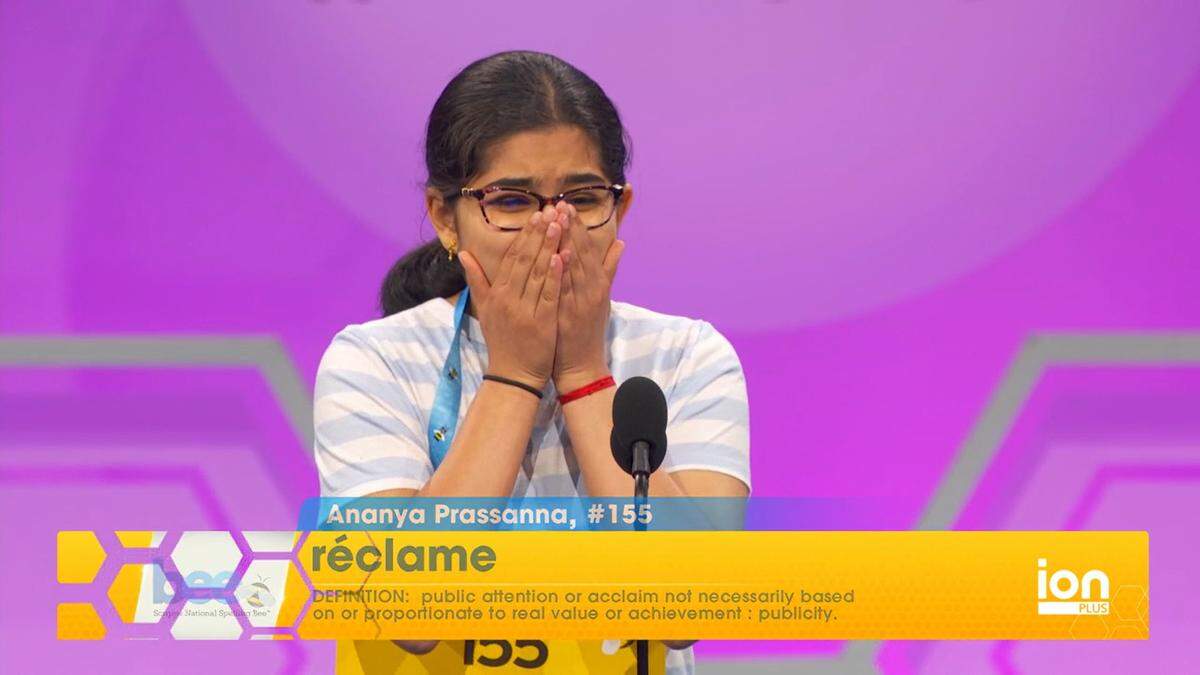 Ananya Rao Prassanna reacts with joy after successfully spelling “réclame” in the quarterfinals of the 2024 Scripps National Spelling Bee on May 29, 2024.