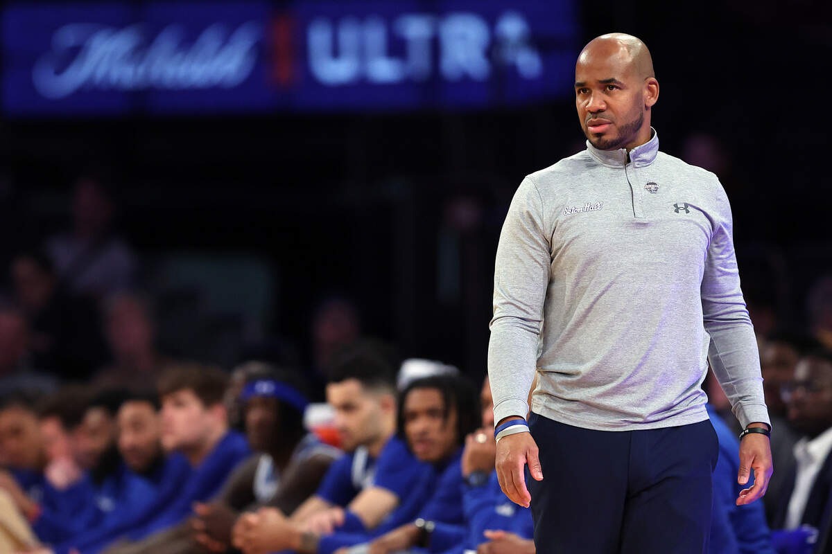 Seton Hall head coach Shaheen Holloway looks on in the second half of a first round game against the Villanova Wildcats during the Big East Men's Basketball Tournament at Madison Square Garden on March 12, 2025 in New York City. Holloway leads Seton Hall into the 2025 Mmaui Invitational against N.C. State next week.
