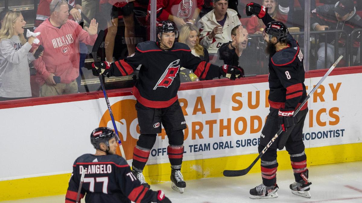 The Carolina Hurricanes Michael Bunting (58) reacts after scoring to tie Ottawa 1-1 in the second period on Wednesday, October 11, 2023 at PNC Arena, in Raleigh N.C.