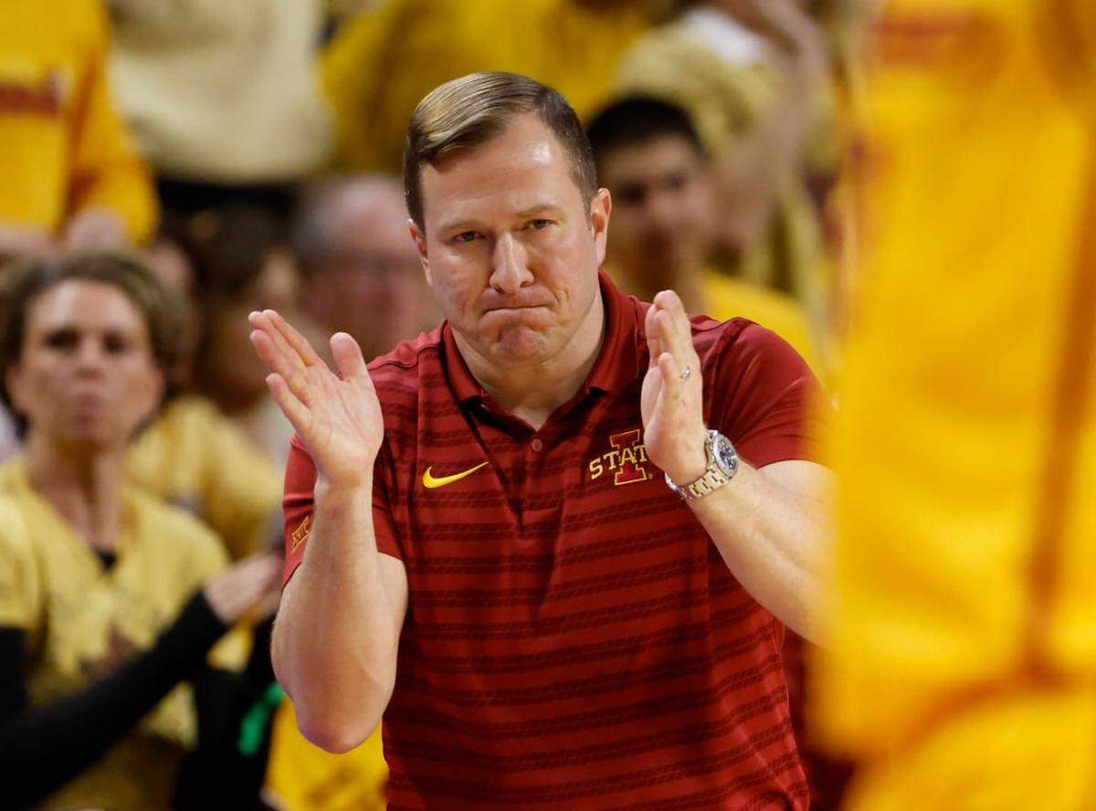 AMES, IA - MARCH 1: Head coach T. J. Otzelberger of the Iowa State Cyclones reacts to a three point basket in the first half of play against the Arizona Wildcats at Hilton Coliseum on March 1, 2025, in Ames, Iowa.