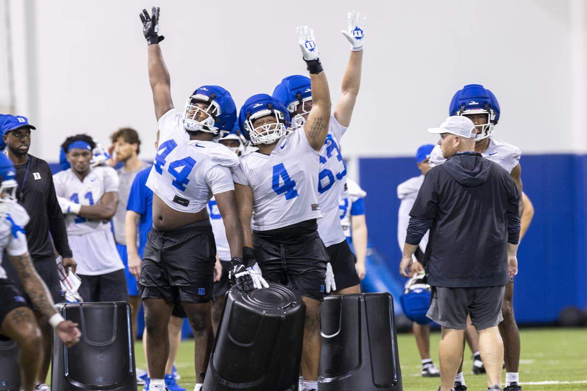 Duke’s football players practice on Monday, July 28, 2025 at Duke University.
