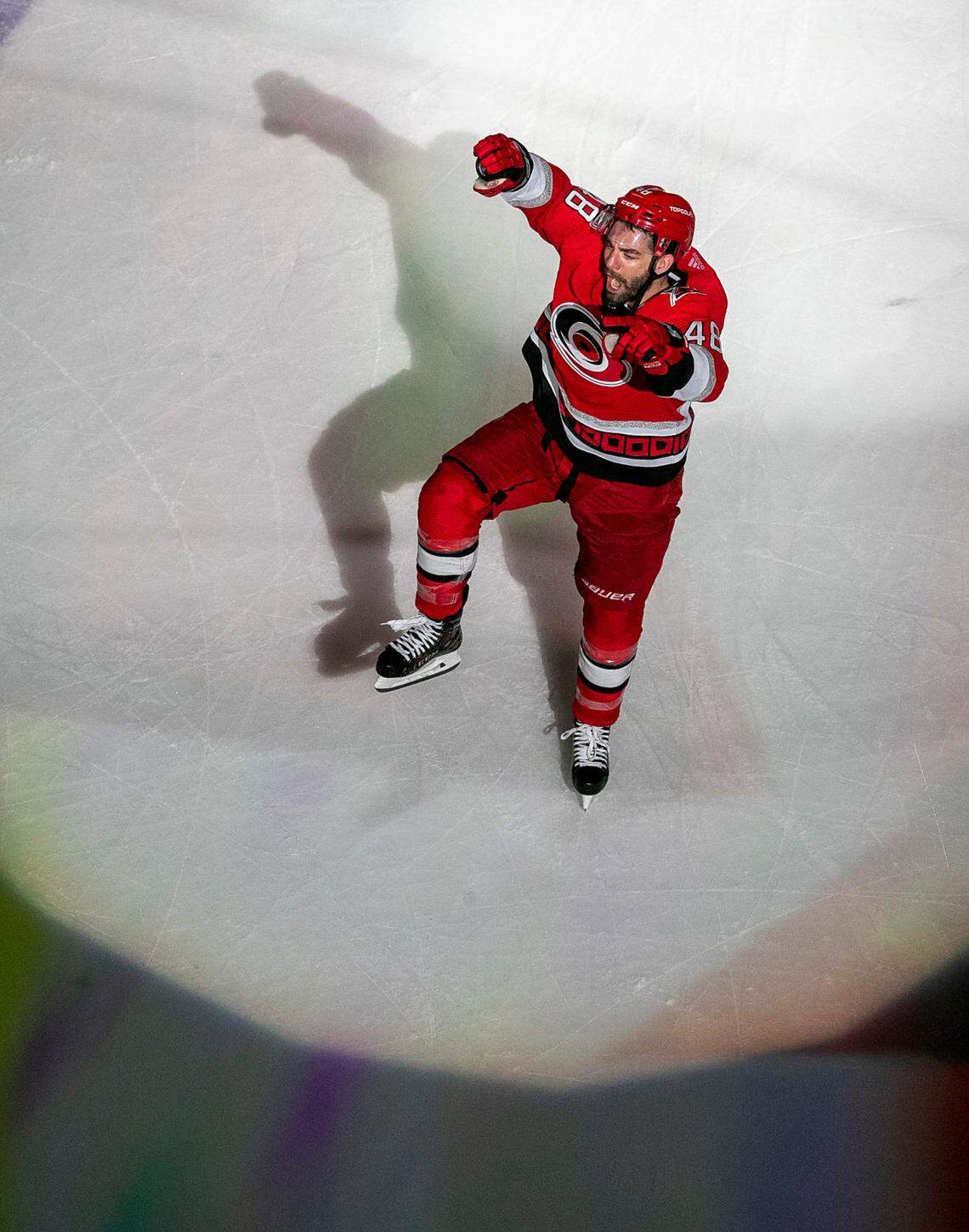 The Carolina Hurricanes Jordan Martinook (48) reacts after being recognized as the First Star of the game following the Hurricanes’ 6-1 victory over the New Jersey Devils in Game 2 of their second round Stanley Cup playoff series on Friday, May 5, 2023 at PNC Arena in Raleigh, N.C.