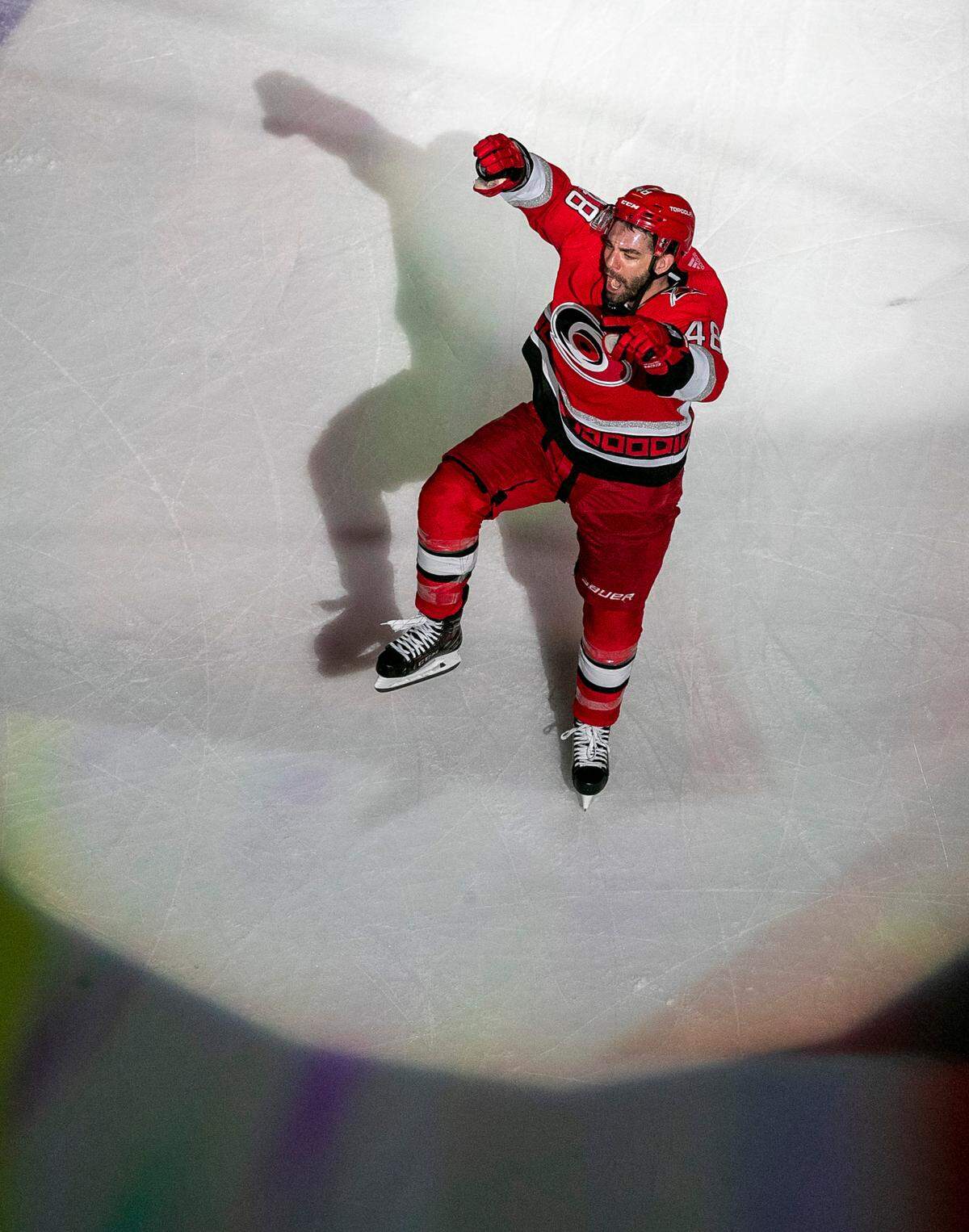 The Carolina Hurricanes Jordan Martinook (48) reacts after being recognized as the First Star of the game following the Hurricanes’ 6-1 victory over the New Jersey Devils in Game 2 of their second round Stanley Cup playoff series on Friday, May 5, 2023 at PNC Arena in Raleigh, N.C.