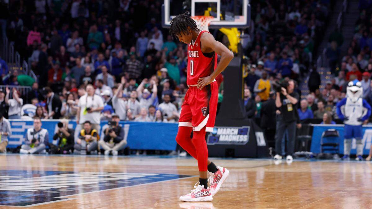 N.C. State’s Terquavion Smith (0) walks back to the bench during a timeout late in the second half of Creighton’s 72-63 victory over N.C. State in the first round of the NCAA Tournament at Ball Arena in Denver, Colo., Friday, March 17, 2023.