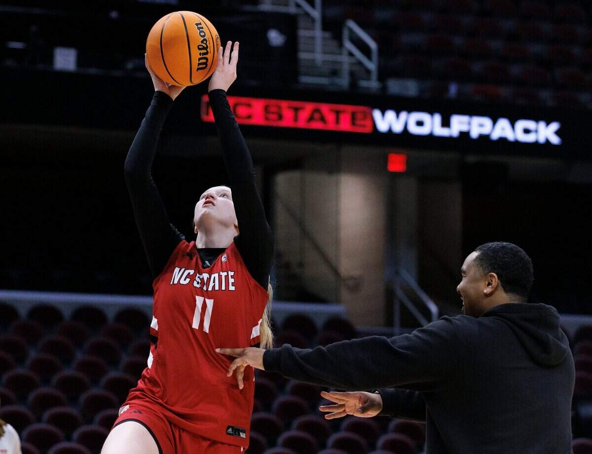 N.C. State’s Maddie Cox runs a drill during practice at Rocket Mortgage FieldHouse on Thursday, April 4, 2024, in Cleveland, Ohio. The Wolfpack will face South Carolina in the Final Four on Friday.