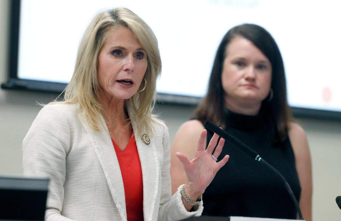 Rep. Kristin Baker, left, and Rep. Ashton Clemmons spoke in favor of Senate Bill 35 during a House Judiciary Committee meeting in Raleigh, N.C. Tuesday, June 22, 2021. Senate Bill 35 would raise the minimum age to be married to 16 and mandate that the age difference for the spouse of 16 and 17-year-olds can only be four years.