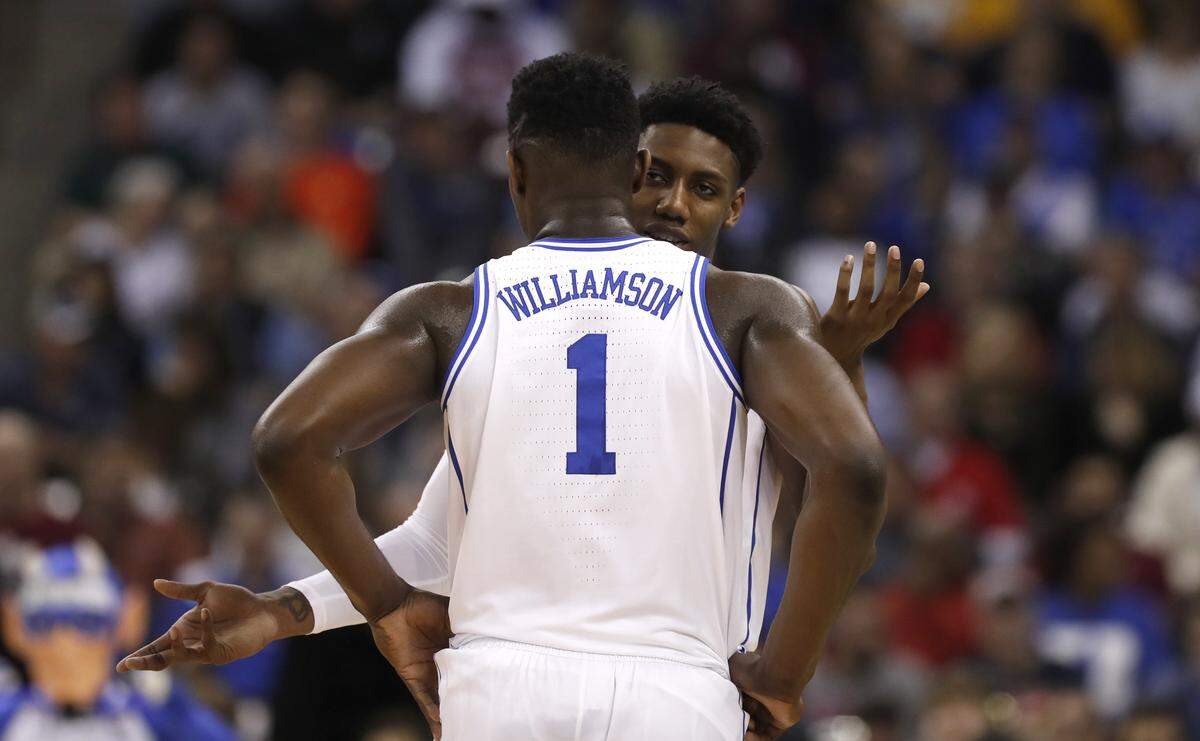 Duke’s RJ Barrett (5) talks with Duke’s Zion Williamson (1) during the first half of Duke’s game against North Dakota State in the first round of the NCAA Men’s Basketball Championship in Columbia, S.C., Friday, March 22, 2019.