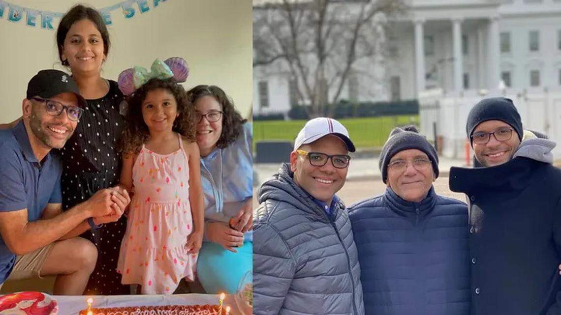 Mohamed Shama, the manager of the Southpoint AMC, is pictured in two photos. On the left, he is pictured celebrating with his wife, Maggie Hanlon, and two daughters. The younger daughter, second from right, is wearing a purple Minnie Mouse headband with a sparkly green bow. There is a cake with red and white frosting and candles. The second picture, he is standing on the right with two other friends in front of a white building.