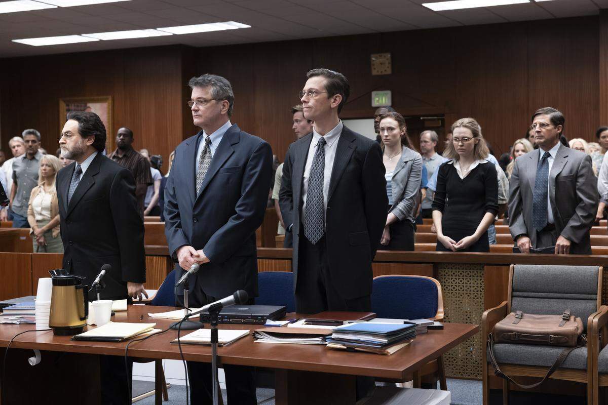 Michael Stuhlbarg as David Rudolf, Colin Firth as Michael Peterson and Justice Leak as Tom Maher in the HBO Max series “The Staircase.”