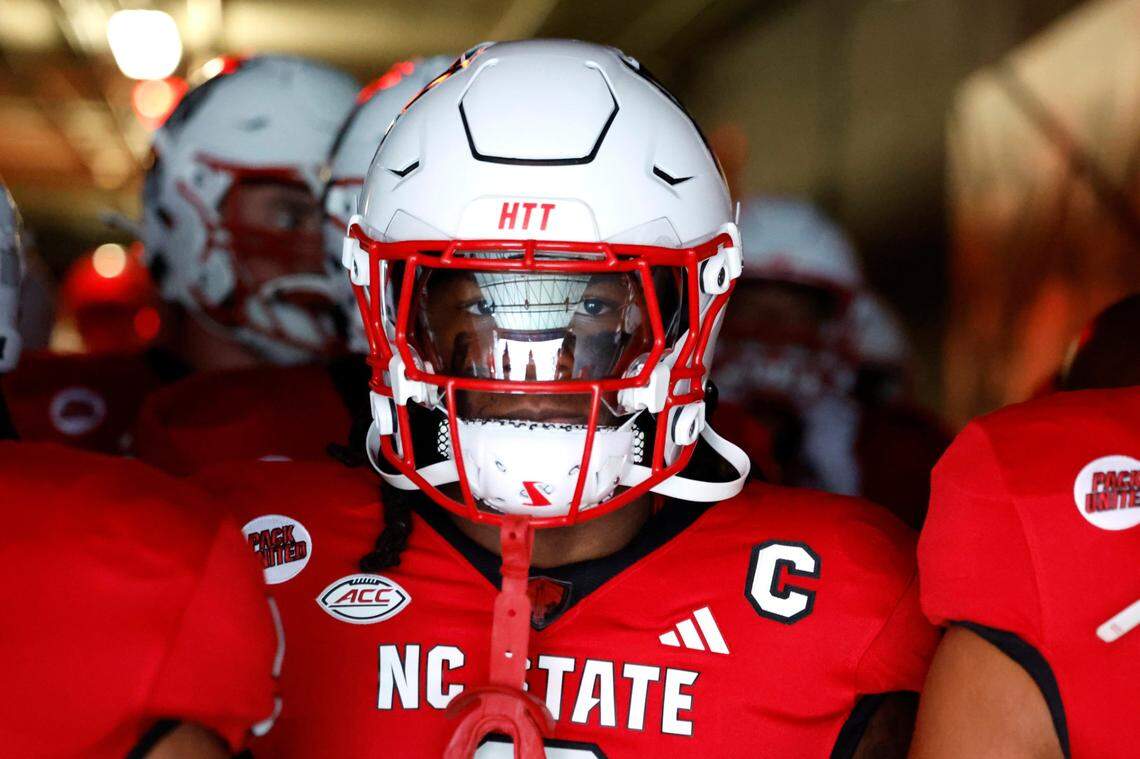 N.C. State linebacker Sean Brown (0) gets ready to take the field to warmup before N.C. State’s game against Western Carolina at Carter-Finley Stadium in Raleigh, N.C., Thursday, August 29, 2024.