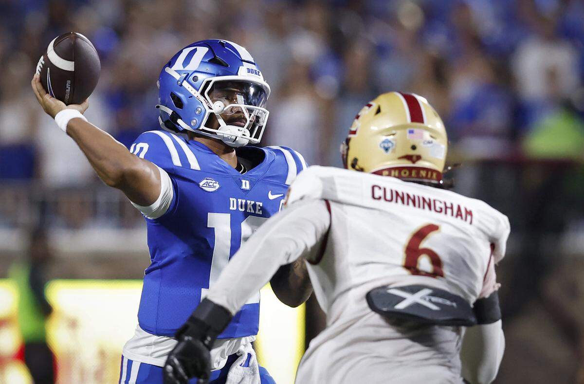 Duke quarterback Darian Mensah looks to pass during the first half of the Blue Devils’ season opener against Elon on Thursday, Aug. 28, 2025, at Wallace Wade Stadium in Durham, N.C.