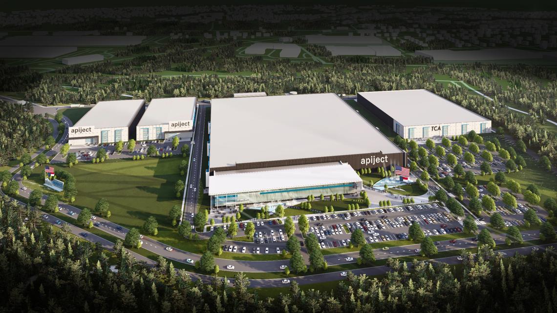 An artist rendering of the ApiJect Gigafactory facility to be located in N.C.’s Research Triangle Park.