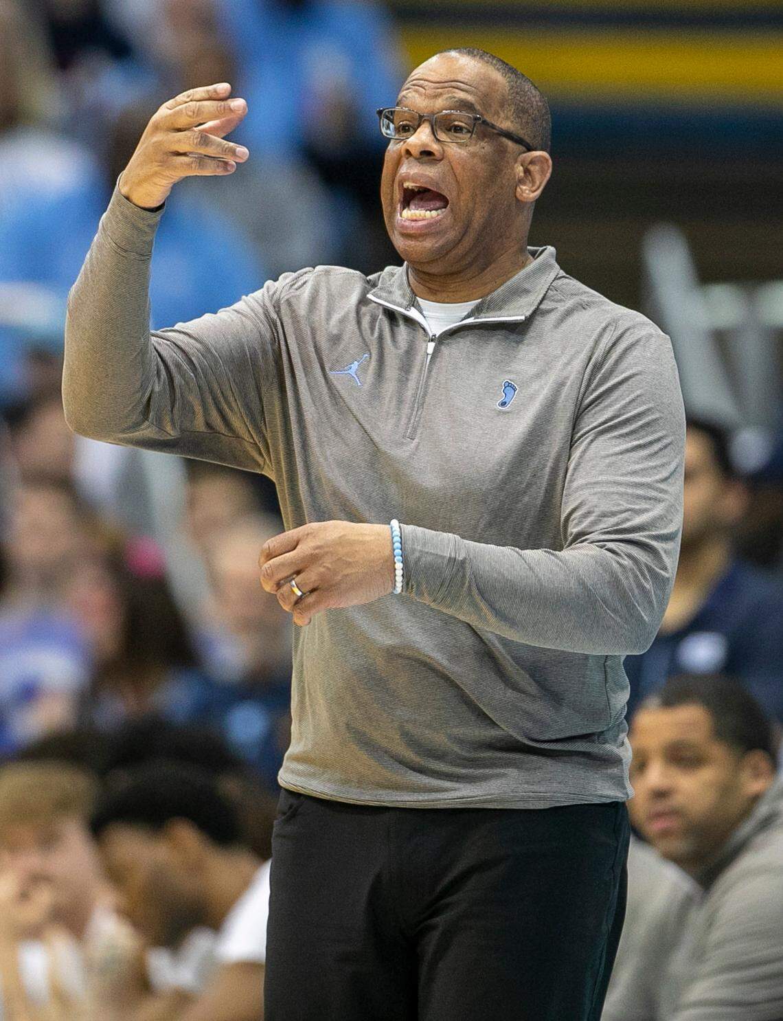 North Carolina coach Hubert Davis directs his team on offense in the first half against Miami on Monday, February 13, 2023 at the Smith Center in Chapel Hill, N.C.