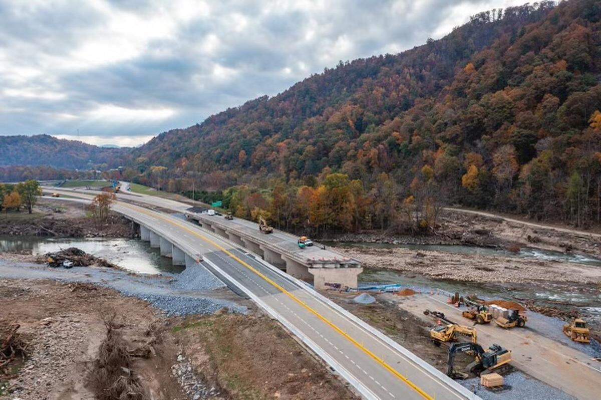 The Tennessee Department of Transportation built a temporary causeway on the westbound side of Interstate 26 where it crosses the Nolichucky River in Erwin.