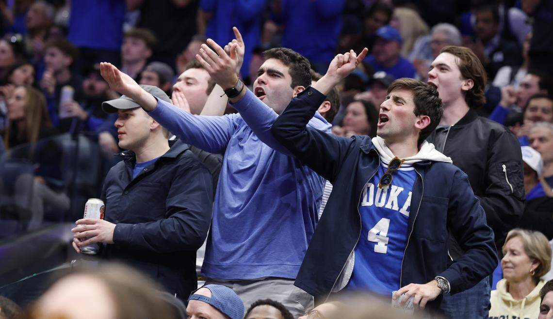 Blue Devils fans cheer on Duke in the second half of their 68-63 victory over Michigan in the Capital Showcase at Capital One Arena in Washington, D.C., Saturday, Feb. 21, 2026.