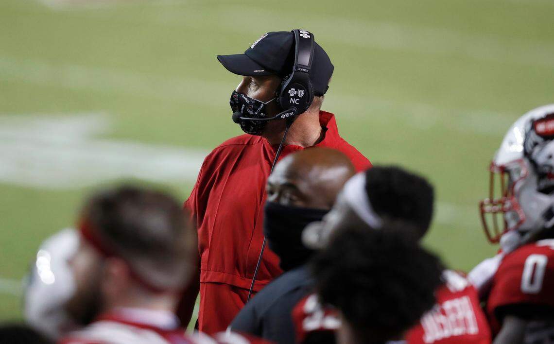 N.C. State head coach Dave Doeren watches from the sidelines during the second half of N.C. State’s 45-42 victory over Wake Forest at Carter-Finley Stadium in Raleigh, N.C, Saturday, Sept. 19, 2020.