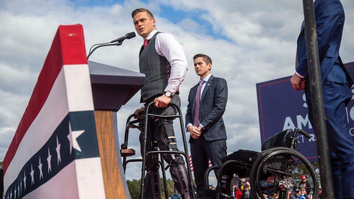 U.S. Rep. Madison Cawthorn speaks at a Trump rally on April 9, 2022, in Selma, North Carolina.
