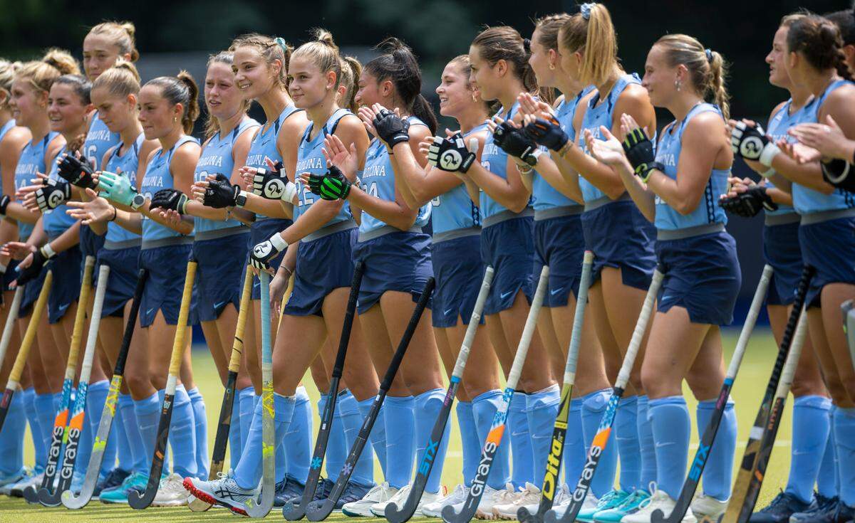 North Carolina field hockey player Jasmine Smolenaars (22) and her teammates are introduced prior to their game against Iowa on Sunday, August 27, 2023 at Karen Shelton Stadium in Chapel Hill, N.C.