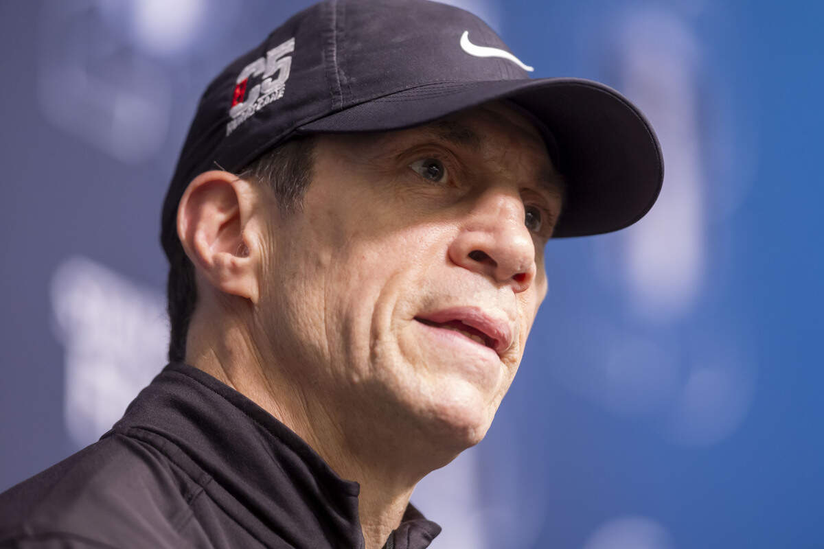 Carolina Hurricanes coach Rod Brind’Amour fields questions from the media during a press briefing ahead of Game 6 of the Stanley Cup Final, on Saturday, June 13, 2026 at T-Mobile Arena in Las Vegas, NV.