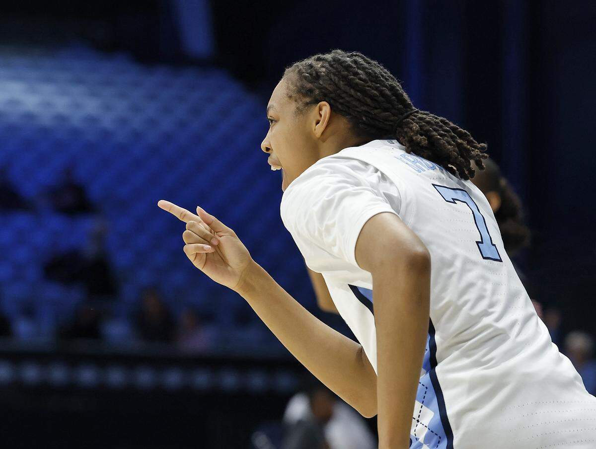 North Carolina’s Nyla Brooks reacts after knocking down a shot during the first half of the Tar Heels’ first-round NCAA Tournament game against Western Illinois on Friday, March 20, 2026, at Carmichael Arena in Chapel Hill, N.C.