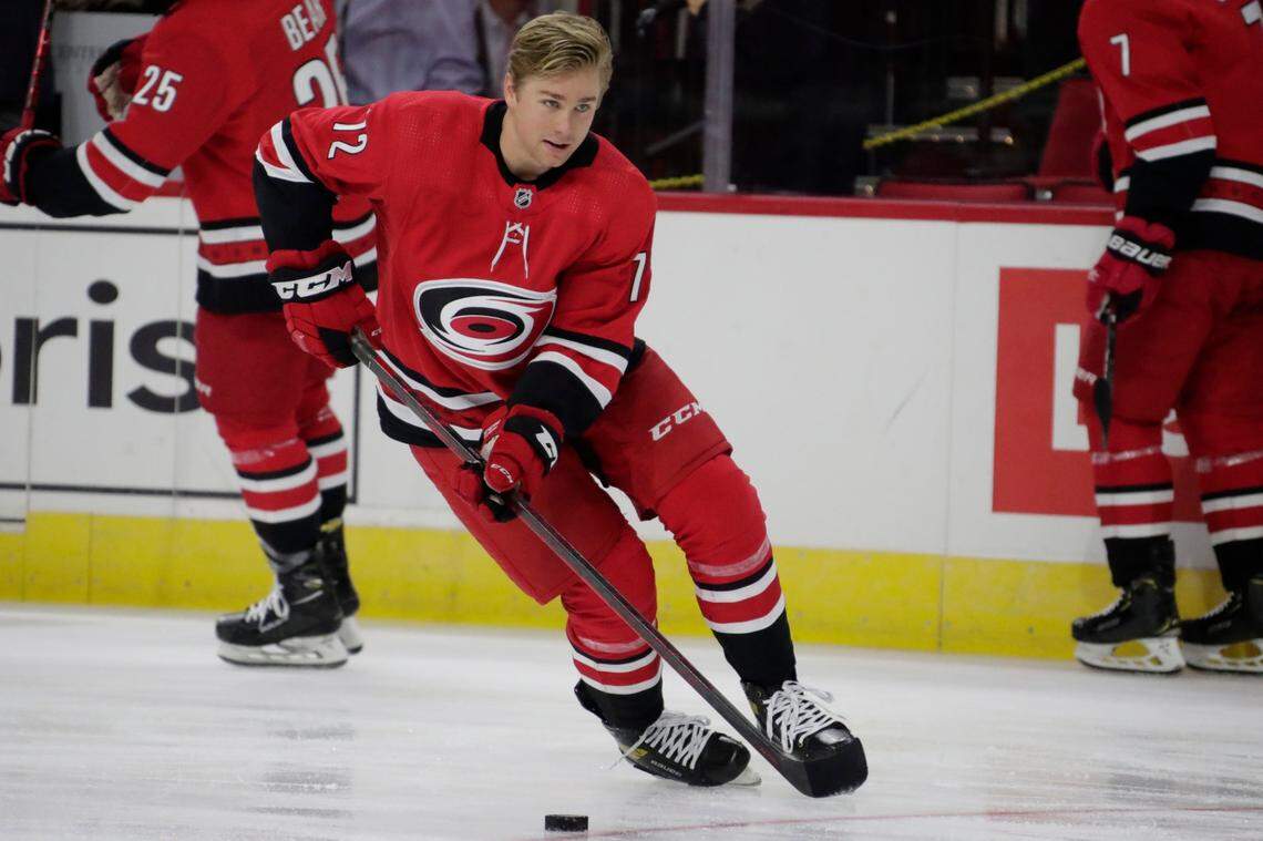 Carolina Hurricanes center Jack Drury (72) skates during warmups before an NHL hockey game against the Detroit Red Wings, Thursday, Dec. 16, 2021, in Raleigh, N.C. (AP Photo/Chris Seward)