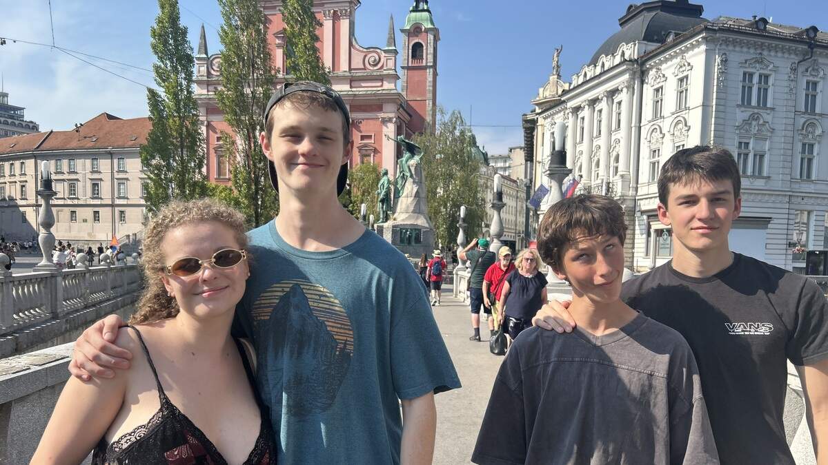 The columnist’s family on a trip to Ljubljana, from left Vivienne Neil, Sam Shaffer, Drew Gadsby and Rhys Gadsby. The emus and accordions mentioned below can be found near the pink baroque church in the background, which is Franciscan Church of the Annunciation. The columnist’s family on a trip to Ljubljana, from left Vivienne Neil, Sam Shaffer, Drew Gadsby and Rhys Gadsby. The emus and accordions mentioned below can be found near the pink baroque church in the background, which is Franciscan Church of the Annunciation.