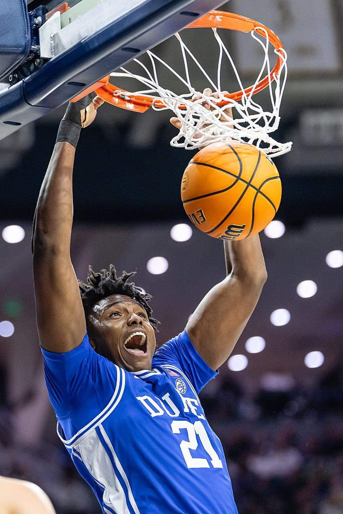 SOUTH BEND, INDIANA - FEBRUARY 24: Patrick Ngongba #21 of the Duke Blue Devils dunks the ball during the first half against the Notre Dame Fighting Irish at Purcell Pavilion on February 24, 2026 in South Bend, Indiana. (Photo by Michael Hickey/Getty Images)
